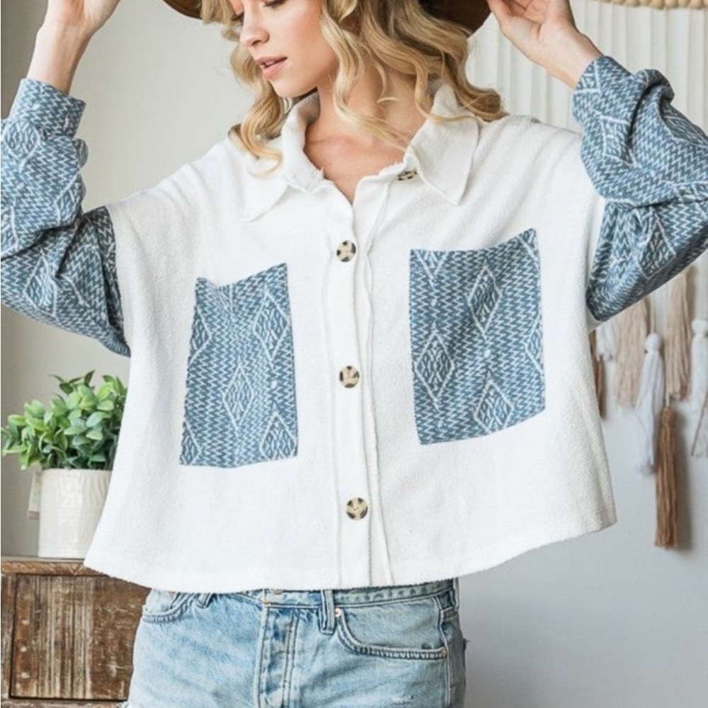 Stylish White and Blue Button-Up Jacket Bucketlist M